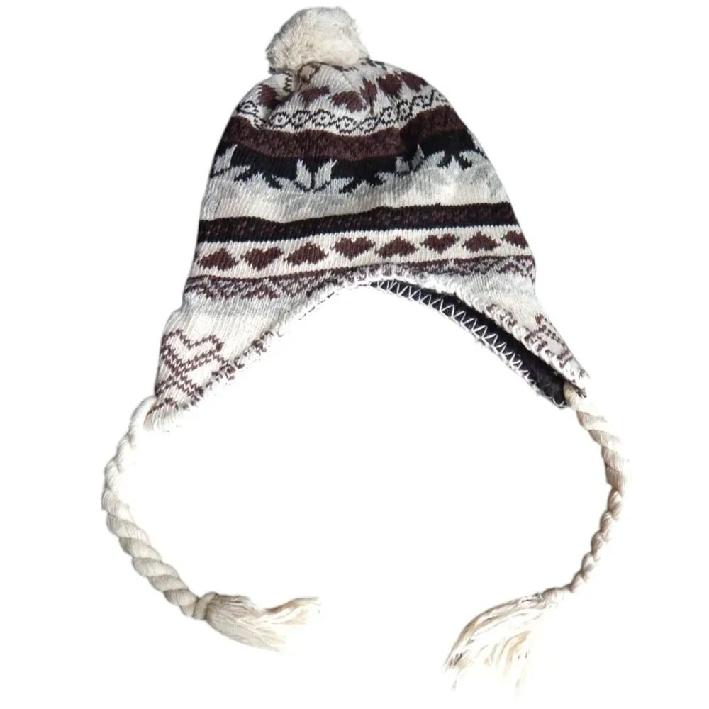 girls OS knitted heart diamond snowflake winter beanie pom-pom hat